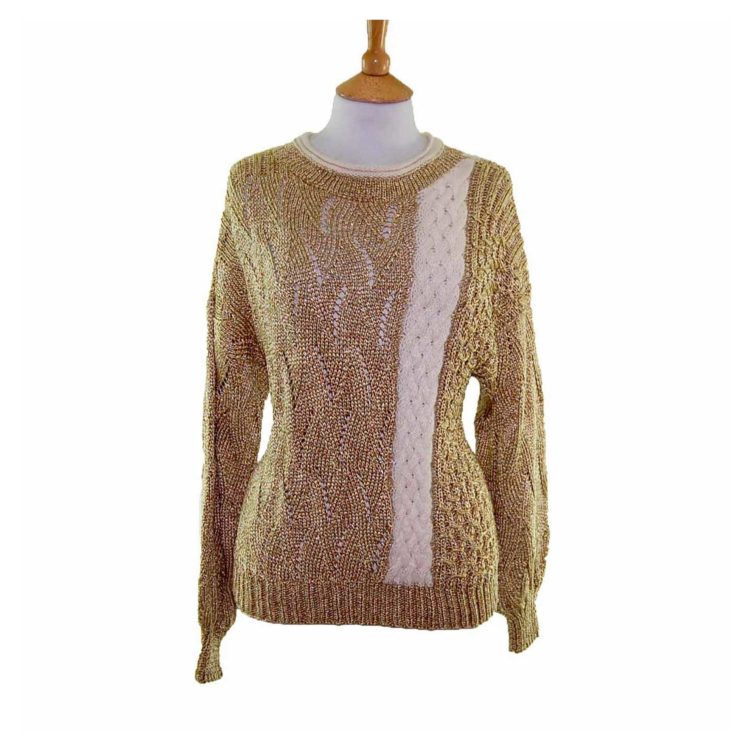 Ladies Gold Long Sleeved Cable Knit 80s Sweater