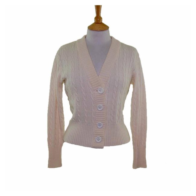 Ladies White Long Sleeve Cable Knit 70s Cardigan
