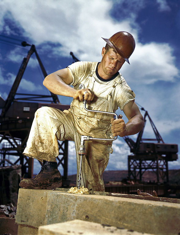 Vintage mens workwear - Colour photograph of carpenter at work on Douglas Dam, Tennessee, 1942 Vintage mens workwear - Colour photograph of carpenter at work on Douglas Dam, Tennessee, 1942