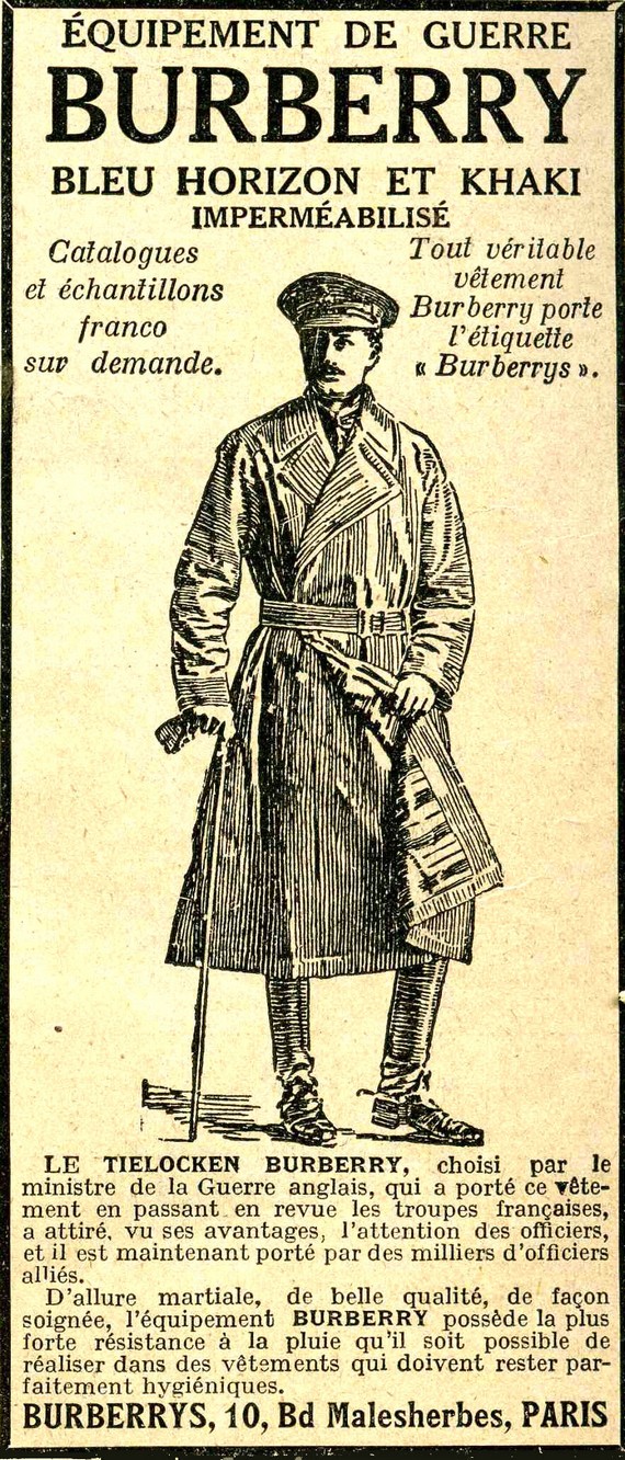 1917 magazine advertisement for Burberry wartime trench-coat, 1917 1917 magazine advertisement for Burberry wartime trench-coat, 1917