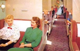 1950s Womens Workwear, Two Women seated in Union Pacific Railroad Pullman car, circa 1950s, Union Pacific Pullman car circa 1950s