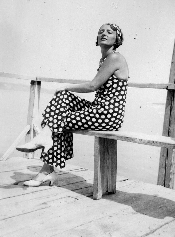 Vintage Clothing UK - Woman by the sea wearing Polka dot dress, 1937 Vintage Clothing UK - Woman by the sea wearing Polka dot dress, 1937