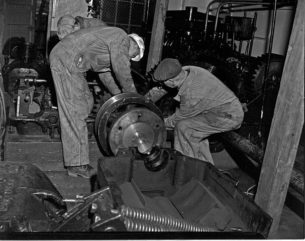 vintage mens workwear collection, workers on the Fremont Bridge, Seattle, USA, 1951