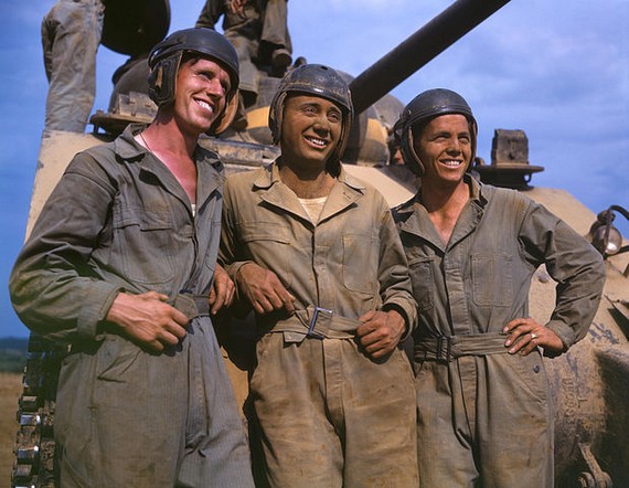 Vintage mens workwear collection - M-4 USA tank crew wearing their coveralls, 1942 Vintage mens workwear collection - M-4 USA tank crew wearing their coveralls, 1942