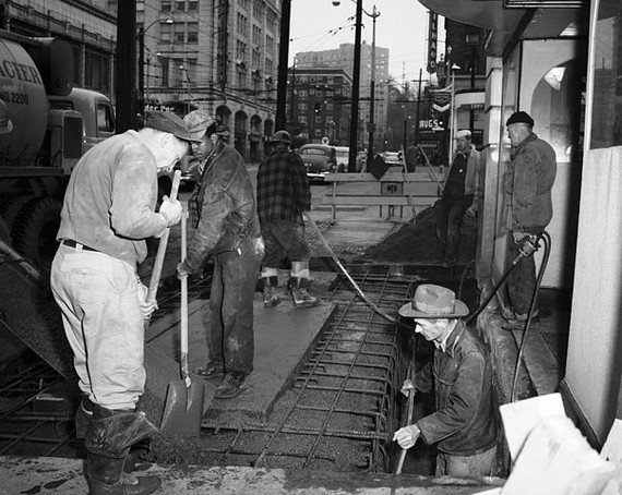 Vintage mens workwear collection - Workers in downtown Seattle, USA, 1954 Vintage mens workwear collection - Workers in downtown Seattle, USA, 1954
