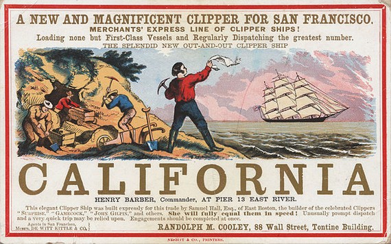 Sailing card, clipper ship California, representing a scene from the California gold rush, circa 1850 Sailing card, clipper ship California, representing a scene from the California gold rush, circa 1850