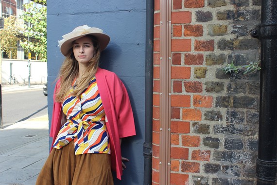 Patterned shirt brown skirt. hot pink kimono and cream straw hat Patterned shirt brown skirt. hot pink kimono and cream straw hat