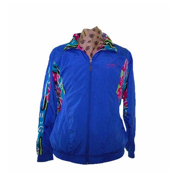 80s Dark Blue Bright Print Shell Suit Two Piece