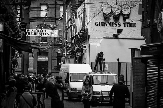 Wade Smith, the Beatles banner, Flanagan's Apple, and south-side space (truncated part of old Cavern Club), Mathew Street, Liverpool, Wade Smith, the Beatles banner, Flanagan's Apple, and south-side space (truncated part of old Cavern Club), Mathew Street, Liverpool,