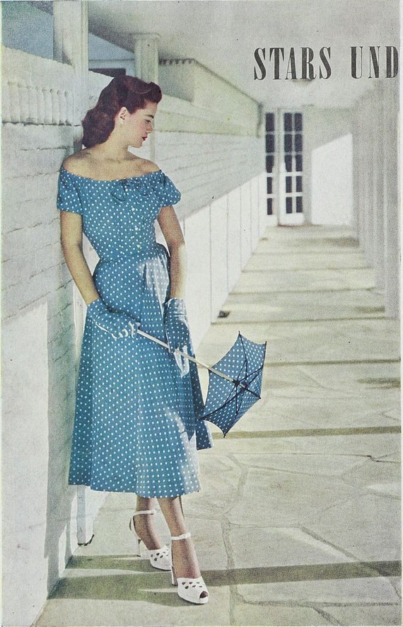 The 40s fashion - Model wears blue polka dot dress for The Ladies' home journal, 1948 The 40s fashion - Model wears blue polka dot dress for The Ladies' home journal, 1948