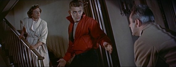 James Dean in blue jeans with Ann Doran, and Jim Backus in the trailer for the film Rebel Without a Cause James Dean in blue jeans with Ann Doran, and Jim Backus in the trailer for the film Rebel Without a Cause