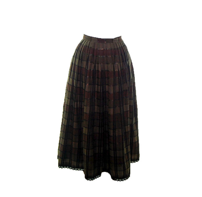 80s Long Brown Checkered Skirt