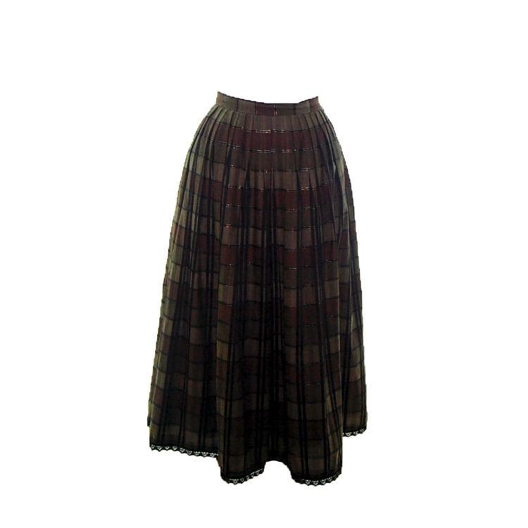 80s Long Brown Checkered Skirt
