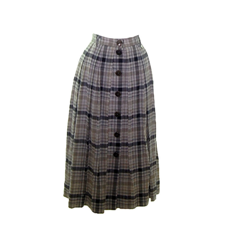 90s Long Grey Checkered A-Line Skirt