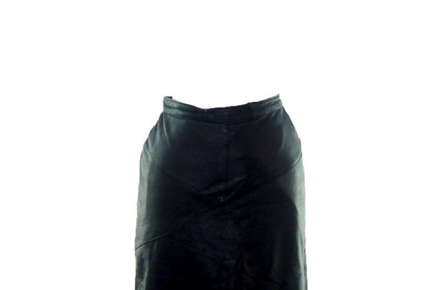 Close up front of 90s Black Leather Midi Skirt