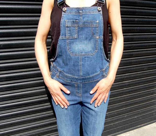 front of 90s Dark Denim Dungarees