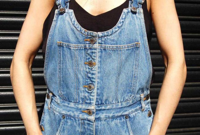 Front close up of 90s Cropped Denim Dungarees