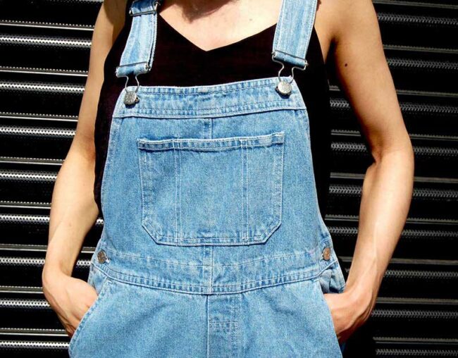 Front close up of 90s Denim Light Blue Dungarees