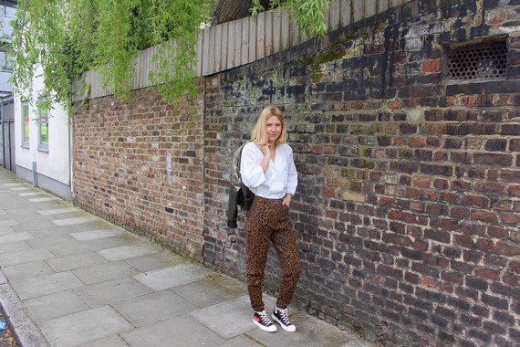 Alex models 80s Leopard Print Trousers and vintage converse shoes Alex models 80s Leopard Print Trousers and vintage converse shoes