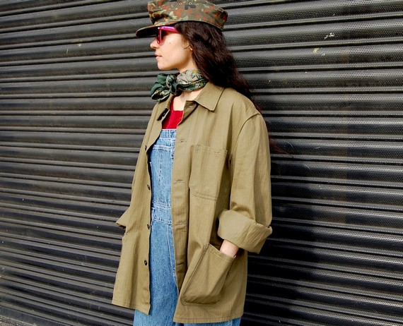 Khaki cotton twill French workers jackets teamed with blue denim overalls from Blue17 vintage Khaki cotton twill French workers jackets teamed with blue denim overalls from Blue17 vintage