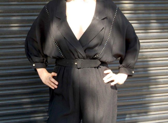 Close up front of 80s Black Playsuit