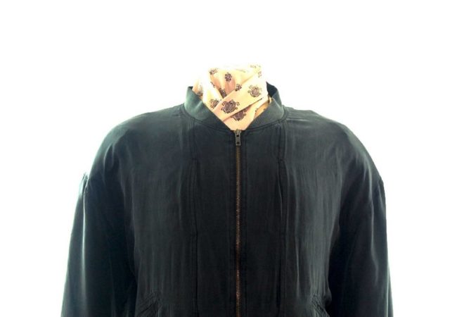 Close up front of Black Silk Bomber Jacket Mens