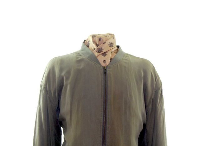 Front close up of Beige Silk Bomber Jacket