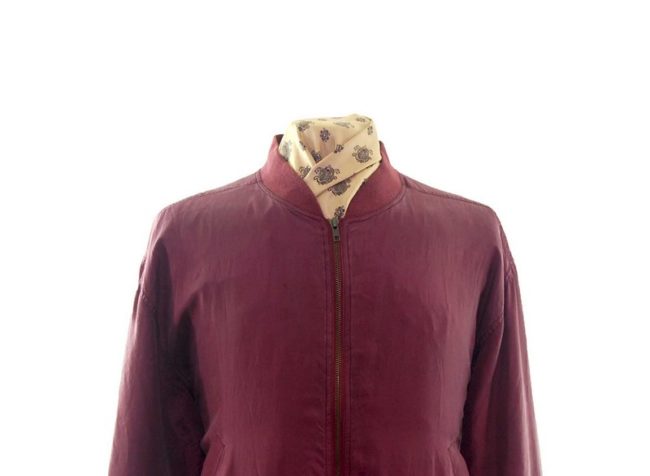 Front close up of Bergundy Silk Bomber Jacket