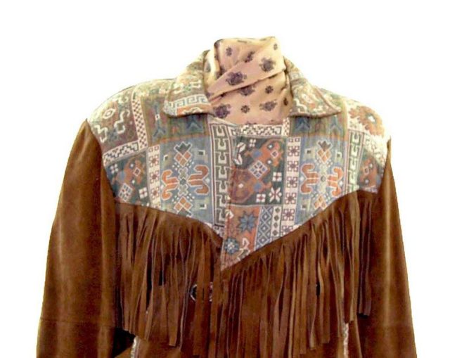 Front close up view of Fringed Suede Aztec Jacket