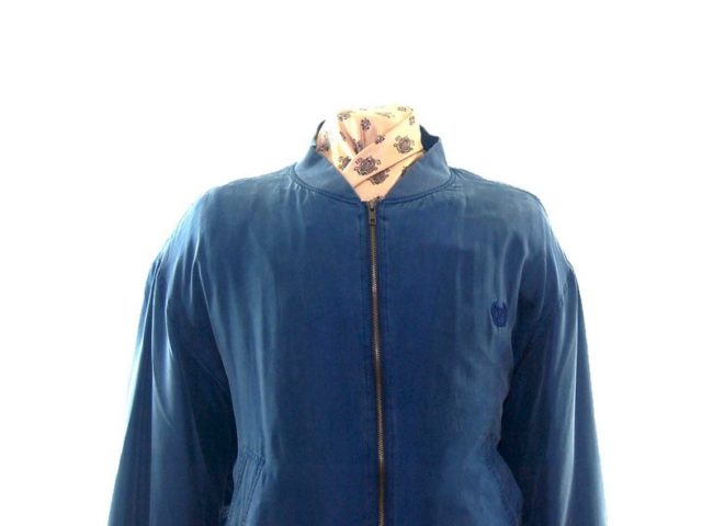 Front of Blue Silk Bomber Jacket