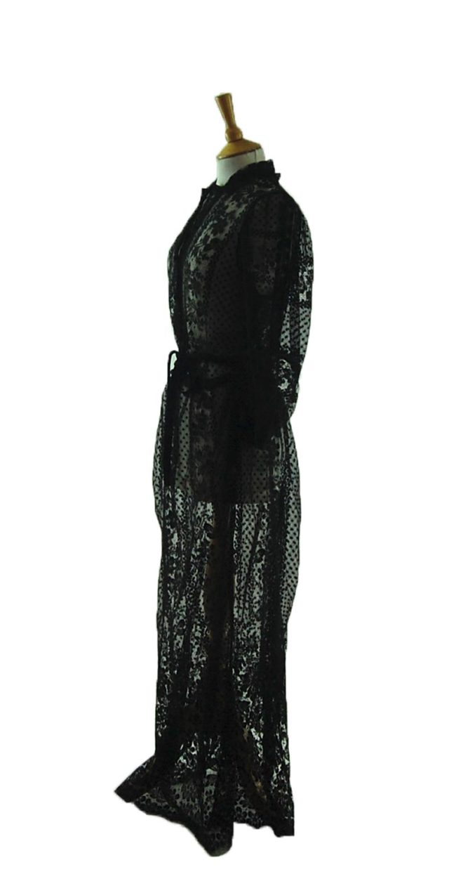 Left side profile of 70s Black Lace Roland Klein Maxi Dress