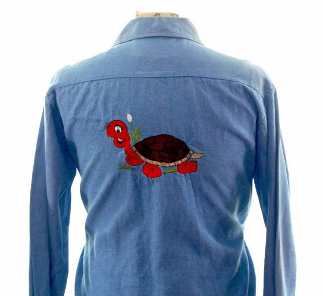 back of Tortoise Embroidered Denim Shirt