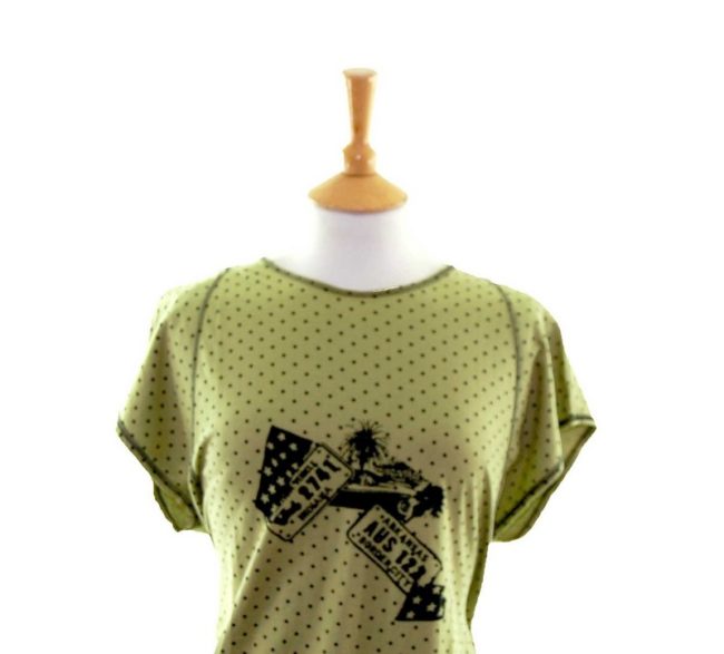 close up of 80s Green Polka-dot Tee Shirt