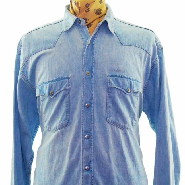 close up of Mustang Pale Blue Denim Western Shirt