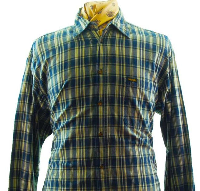 close up of Wrangler Blue Check Western Shirt