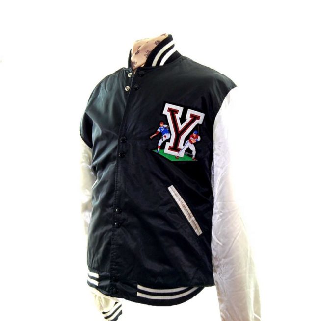 side of back of Baseball Black Satin Jacket