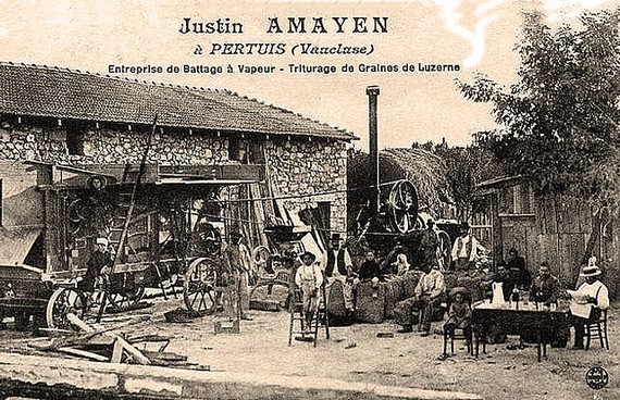 Farmers at steam engine driven cereal threshing farm in the early twentieth century, Vaucluse, France Farmers at steam engine driven cereal threshing farm in the early twentieth century, Vaucluse, France