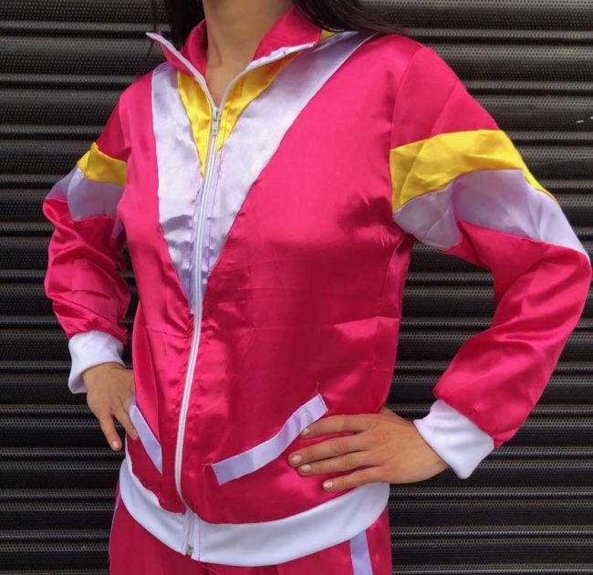 Front close up of Ladies 80s Pink Scouser Shell Suit