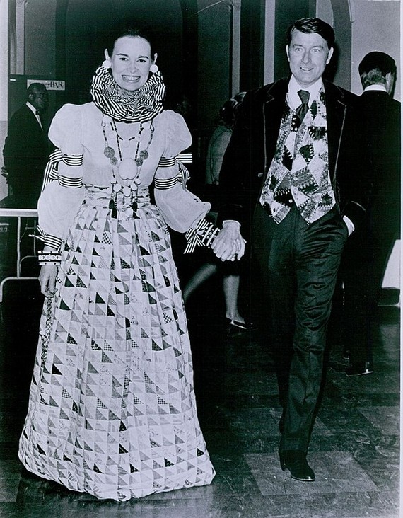 Gloria Vanderbilt Cooper in 1970 wearing an outfit made from an antique patchwork quilt by the designer Adolfo in 1967 Gloria Vanderbilt Cooper in 1970 wearing an outfit made from an antique patchwork quilt by the designer Adolfo in 1967