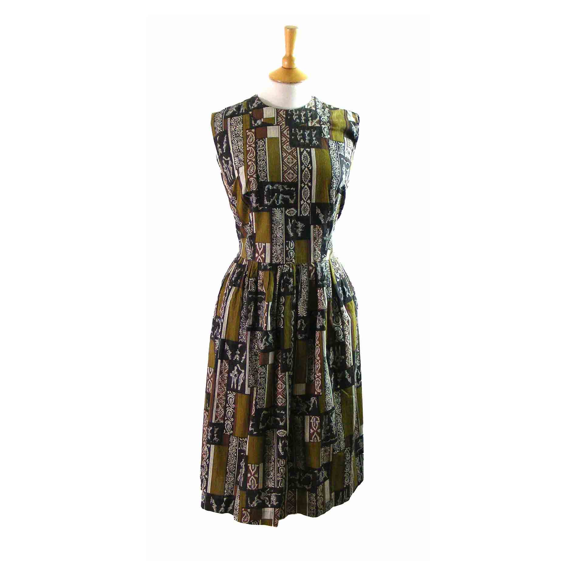 50s Cotton History Figurines Print Dress - 10