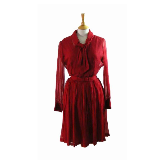 50s Red Chiffon Pleated Dress - 12