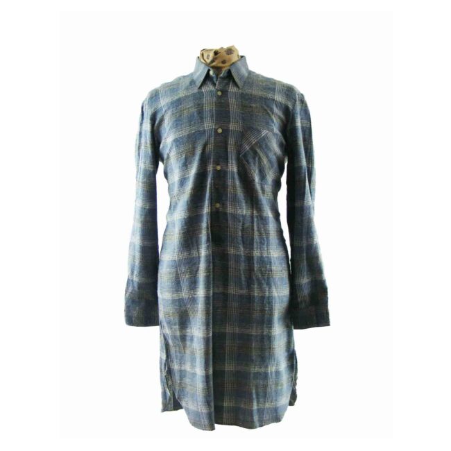 60s Blue Plaid Flannel Shirt - L