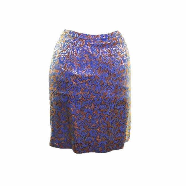 60s Blue and Gold Brocade Skirt - 8