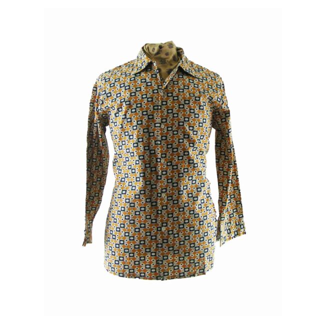 60s Dead Stock Yellow Geometric Printed shirt - L