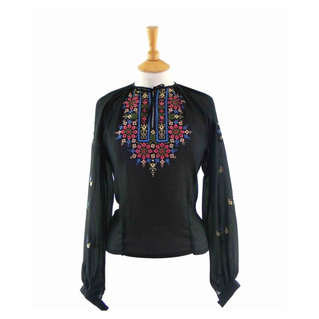 60s Ethnic Embroidered  Black Top - 14
