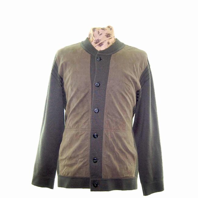 60s Green Suede Mens Button Cardigan - XL