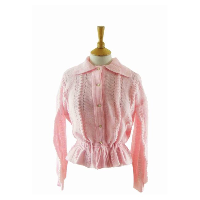 60s Pink Ribbed Collared Cardigan - 14
