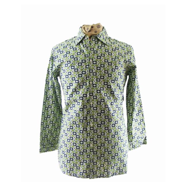 60s Vintage Mens Dead Stock Green Geometric Print Shirt
