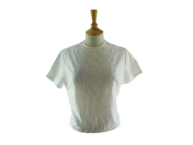 60s White Floral Lace Embroidered Shirt - 16
