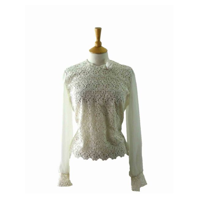 60s White Floral Lace Long Sleeve Blouse - 14